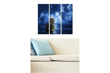 Trelerretsbilde 3-delt 50x70 cm - Skip som navigerer gjennom et stormfullt havmiljø - Mørk blå / Lys blå / Hvit - Interiør - Maleri & posters - Lerretsbilder