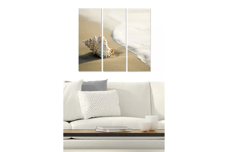 Trelerretsbilde 3-delt 50x70 cm - Skjell på sandstranden ved sjøen, Hvit / Beige / Lys blå