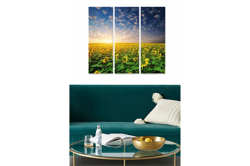 Trelerretsbilde 3-delt 50x70 cm - Solfylte åkre med solsikker under en klar himmel, Gul / Grønn / Blå