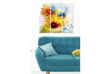 Trelerretsbilde 3-delt 50x70 cm - Solfylte solsikker i livlig komposisjon - Gul / Grønn / Rød - Interiør - Maleri & posters - Lerretsbilder