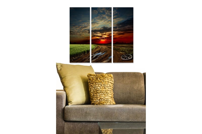 Trelerretsbilde 3-delt 50x70 cm - Solnedgang over et jorde med grusvei, Mørk rød / Grønn / Blå