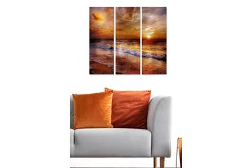 Trelerretsbilde 3-delt 50x70 cm - Solnedgang over havet med refleksjoner i vannet - Oransje / Gull / Blå - Interiør - Maleri & posters - Lerretsbilder