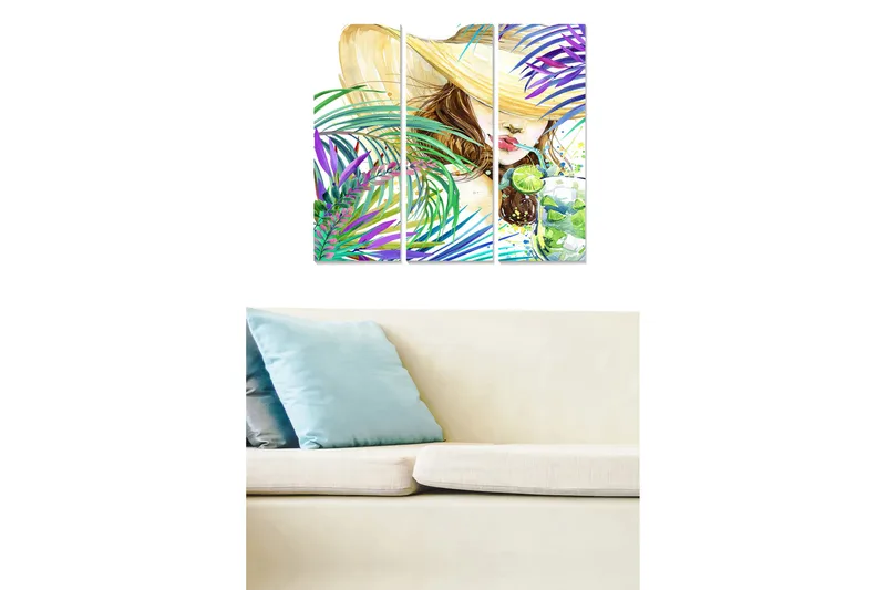 Trelerretsbilde 3-delt 50x70 cm - Sommerlig kvinne med stor hatt og drikke omgitt av fargerike palmer, Grønn / Lilla / Beige