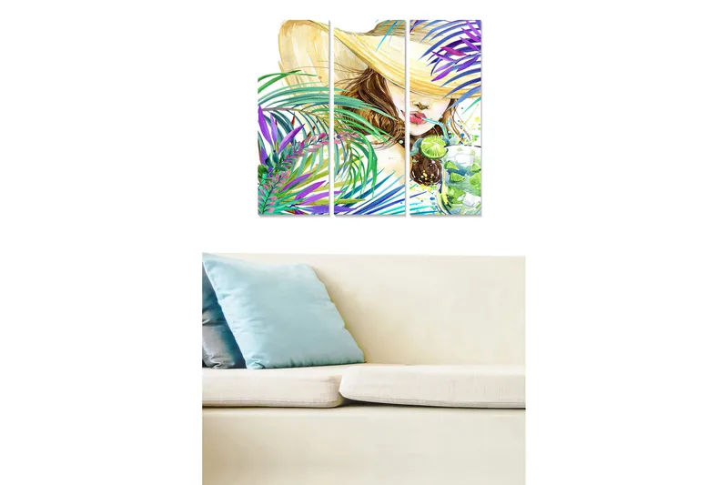 Trelerretsbilde 3-delt 50x70 cm - Sommerlig kvinne med stor hatt og drikke omgitt av fargerike palmer, Grønn / Lilla / Beige