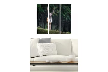 Trelerretsbilde 3-delt 50x70 cm - Stående hjort i skogsmiljø - Grønn / Brun / Svart - Interiør - Maleri & posters - Lerretsbilder