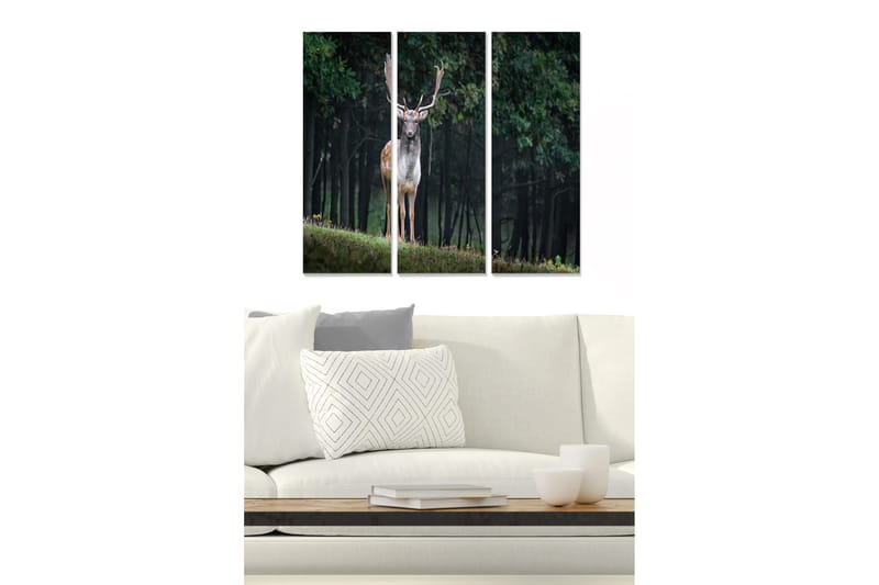 Trelerretsbilde 3-delt 50x70 cm - Stående hjort i skogsmiljø, Grønn / Brun / Svart