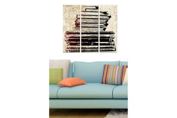 Trelerretsbilde 3-delt 50x70 cm - Stabel med gamle bøker i svart-hvitt - Svart / Beige - Interiør - Maleri & posters - Lerretsbilder