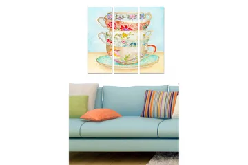 Trelerretsbilde 3-delt 50x70 cm - Stablede tekopper med blomstermønster - Lyseblå / Rød / Grønn - Interiør - Maleri & posters - Lerretsbilder