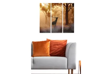 Trelerretsbilde 3-delt 50x70 cm - Statlig elg i tåkete skogsmiljø - Gull / Mørk brun / Grå - Interiør - Maleri & posters - Lerretsbilder