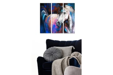 Trelerretsbilde 3-delt 50x70 cm - Statlig hest i dynamisk komposisjon - Blå / Hvit / Rosa - Interiør - Maleri & posters - Lerretsbilder
