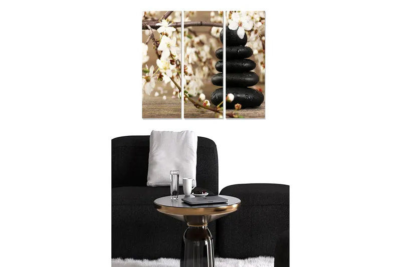 Trelerretsbilde 3-delt 50x70 cm - Steinrøys omgitt av blomster og grener, Svart / Hvit / Beige