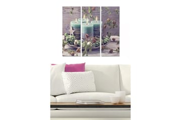 Trelerretsbilde 3-delt 50x70 cm - Stemningsfullt arrangement av lysegrønne lys med dekorasjoner av gran og kongler - Lys grønn / Brun / Grå - Interiør - Maleri & posters - Lerretsbilder