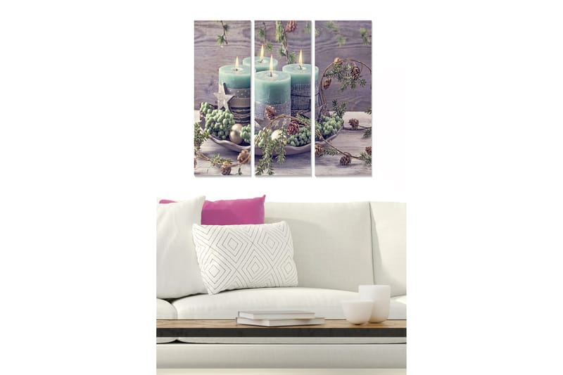 Trelerretsbilde 3-delt 50x70 cm - Stemningsfullt arrangement av lysegrønne lys med dekorasjoner av gran og kongler, Lys grønn / Brun / Grå