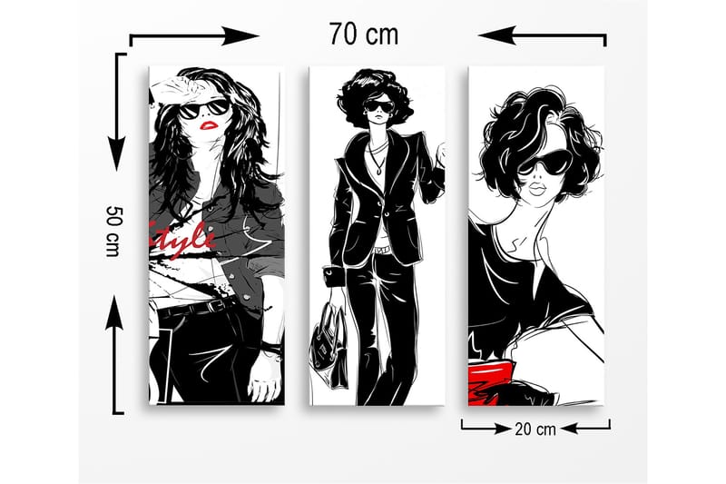 Trelerretsbilde 3-delt 50x70 cm - Stilige kvinner i moteklær med solbriller - Svart / Rød / Hvit - Interiør - Maleri & posters - Lerretsbilder