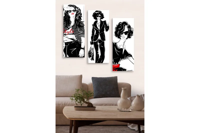 Trelerretsbilde 3-delt 50x70 cm - Stilige kvinner i moteklær med solbriller, Svart / Rød / Hvit