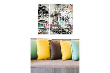 Trelerretsbilde 3-delt 50x70 cm - Stilisert bilde av Eiffeltårnet med tekst og fargerike elementer - Svart / Grå / Rosa - Interiør - Maleri & posters - Lerretsbilder