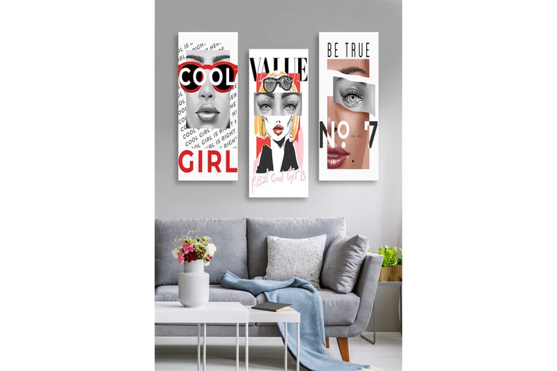 Trelerretsbilde 3-delt 50x70 cm - Stiliserte portretter av kvinner med moderne elementer, Rød / Svart / Hudtone