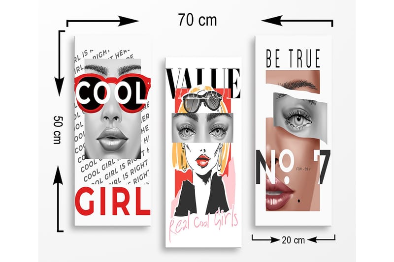 Trelerretsbilde 3-delt 50x70 cm - Stiliserte portretter av kvinner med moderne elementer - Rød / Svart / Hudtone - Interiør - Maleri & posters - Lerretsbilder