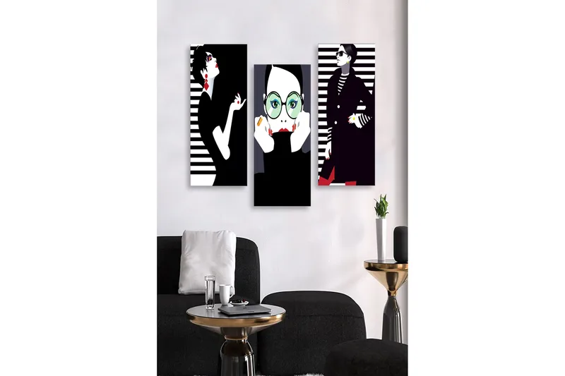 Trelerretsbilde 3-delt 50x70 cm - Stiliserte portretter av moteikoner med grafiske elementer, Svart / Hvit / Rød