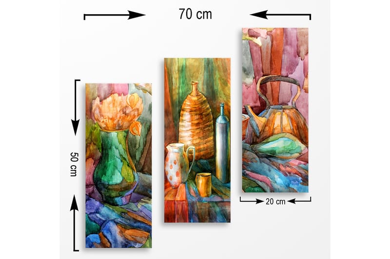 Trelerretsbilde 3-delt 50x70 cm - Stillhet med blomster og keramiske gjenstander i harmoniske farger - Grønn / Oransje / Blå - Interiør - Maleri & posters - Lerretsbilder