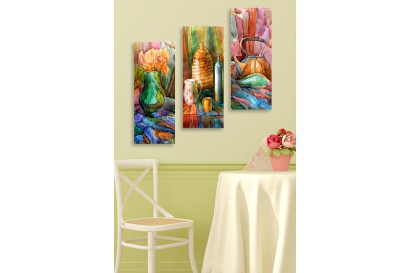 Trelerretsbilde 3-delt 50x70 cm - Stillhet med blomster og keramiske gjenstander i harmoniske farger, Grønn / Oransje / Blå
