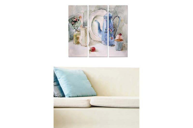 Trelerretsbilde 3-delt 50x70 cm - Stillhet med en blå kaffekanne og bakverk - Blå / Grønn / Beige - Interiør - Maleri & posters - Lerretsbilder