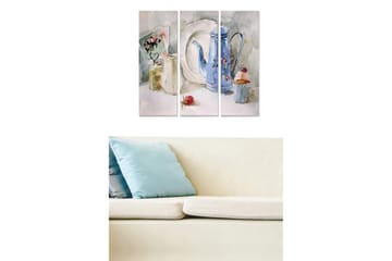 Trelerretsbilde 3-delt 50x70 cm - Stillhet med en blå kaffekanne og bakverk - Blå / Grønn / Beige - Interiør - Maleri & posters - Lerretsbilder