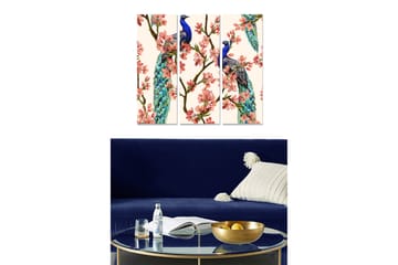 Trelerretsbilde 3-delt 50x70 cm - Storslått påfugl blant blomster - Blå / Rosa / Grønn - Interiør - Maleri & posters - Lerretsbilder