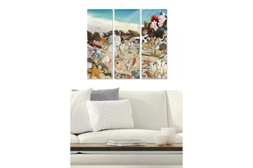 Trelerretsbilde 3-delt 50x70 cm - Strandmotiv med skjell og blomster - Blå / Beige / Rosa - Interiør - Maleri & posters - Lerretsbilder