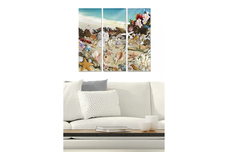 Trelerretsbilde 3-delt 50x70 cm - Strandmotiv med skjell og blomster, Blå / Beige / Rosa