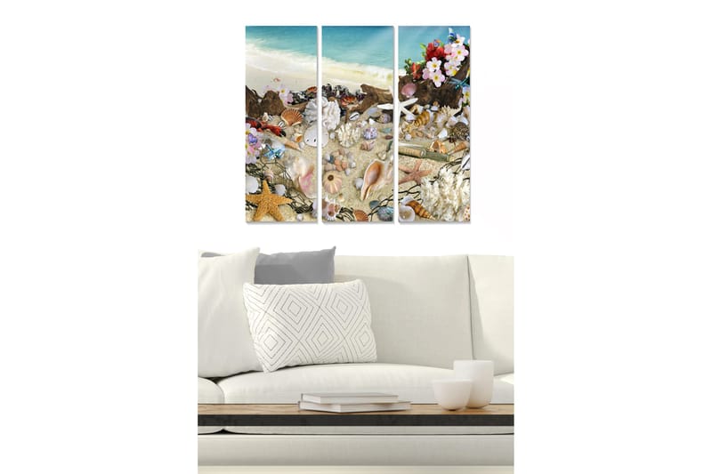 Trelerretsbilde 3-delt 50x70 cm - Strandmotiv med skjell og blomster, Blå / Beige / Rosa