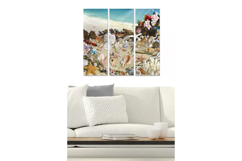 Trelerretsbilde 3-delt 50x70 cm - Strandmotiv med skjell og blomster, Blå / Beige / Rosa