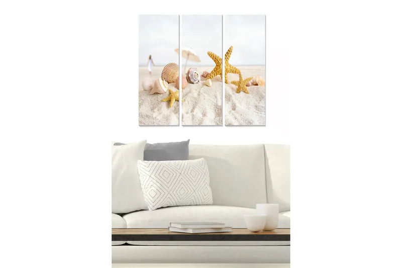 Trelerretsbilde 3-delt 50x70 cm - Strandmotiv med skjell og sjøstjerner, Gull / Beige / Hvit