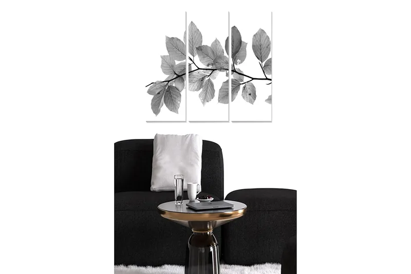 Trelerretsbilde 3-delt 50x70 cm - Svart-hvite blader på en gren, Svart / Grå / Hvit