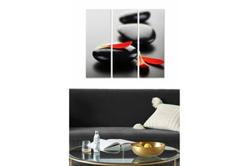 Trelerretsbilde 3-delt 50x70 cm - Svarte steiner med røde blomsterblader - Svart / Rød - Interiør - Maleri & posters - Lerretsbilder