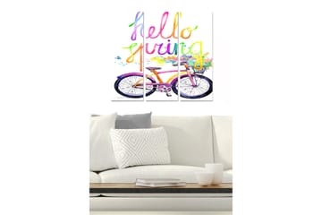 Trelerretsbilde 3-delt 50x70 cm - Sykkel med fargerik tekst hilsen vår - Rosa / Lilla / Gul - Interiør - Maleri & posters - Lerretsbilder