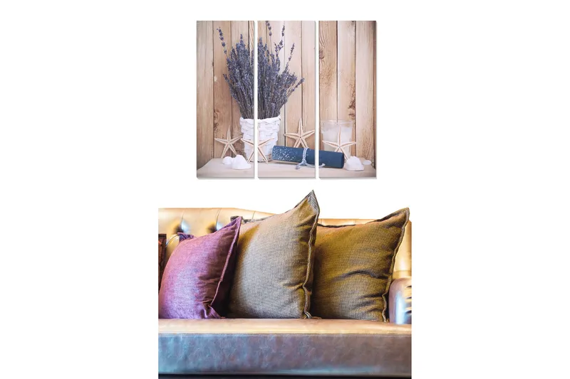 Trelerretsbilde 3-delt 50x70 cm - Tørkede lavendelblomster i en kurv med maritime detaljer, Lilla / Beige / Hvit