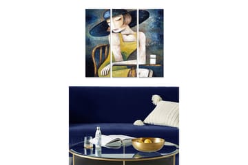 Trelerretsbilde 3-delt 50x70 cm - Tankfull kvinne med hatt i gul kjole - Mørk blå / Gul / Hvit - Interiør - Maleri & posters - Lerretsbilder
