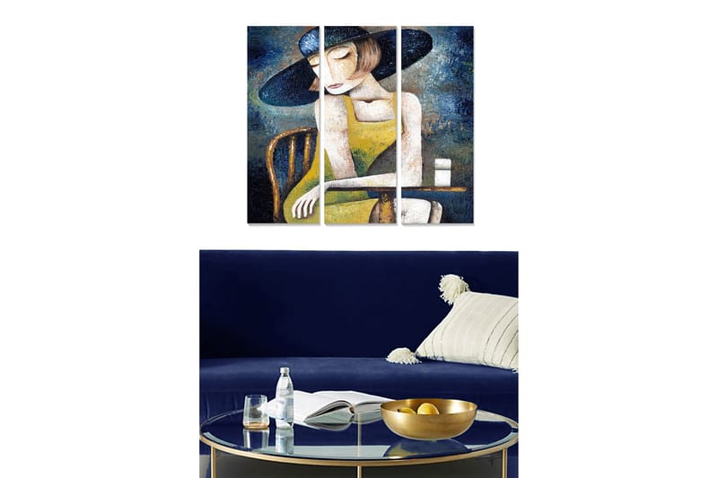 Trelerretsbilde 3-delt 50x70 cm - Tankfull kvinne med hatt i gul kjole, Mørk blå / Gul / Hvit
