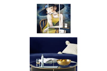 Trelerretsbilde 3-delt 50x70 cm - Tankfull kvinne med hatt i gul kjole - Mørk blå / Gul / Hvit - Interiør - Maleri & posters - Lerretsbilder