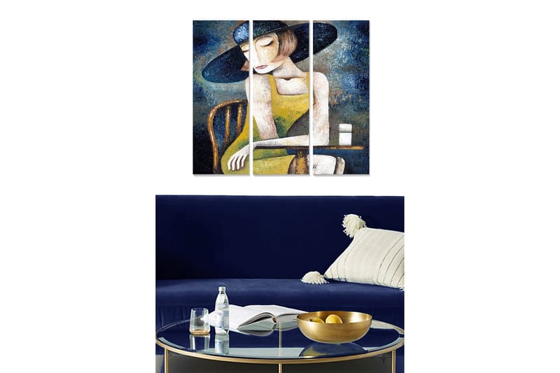 Trelerretsbilde 3-delt 50x70 cm - Tankfull kvinne med hatt i gul kjole, Mørk blå / Gul / Hvit