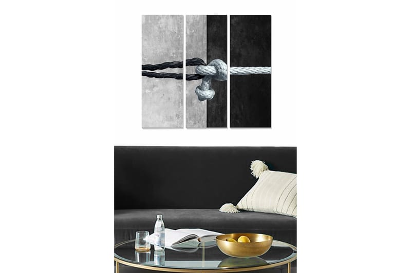 Trelerretsbilde 3-delt 50x70 cm - Tau-knute i kontrasterende svart og hvitt, Svart / Hvit / Grå