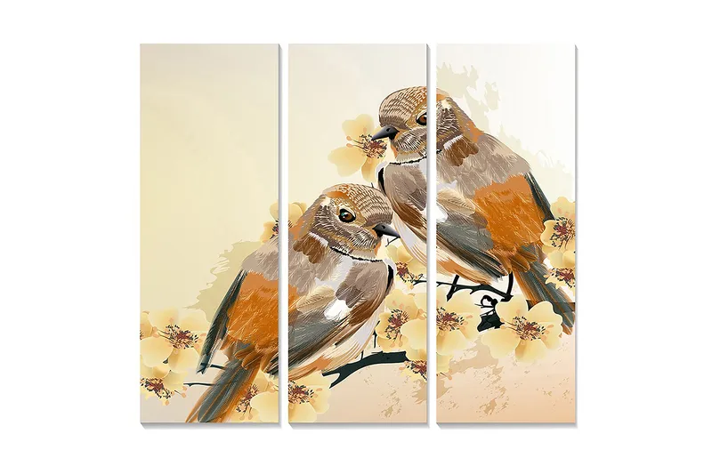 Trelerretsbilde 3-delt 50x70 cm - To fugler som sitter på en gren med blomster, Oransje / Beige / Gul
