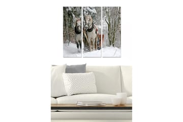 Trelerretsbilde 3-delt 50x70 cm - To hester i et snødekt landskap med slede - Hvit / Grå / Brun - Interiør - Maleri & posters - Lerretsbilder