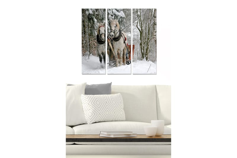 Trelerretsbilde 3-delt 50x70 cm - To hester i et snødekt landskap med slede, Hvit / Grå / Brun
