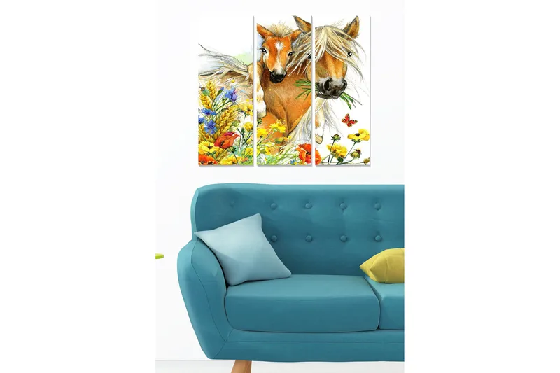 Trelerretsbilde 3-delt 50x70 cm - To hester omgitt av fargerike blomster og grøntområder, Gul / Grønn / Blå