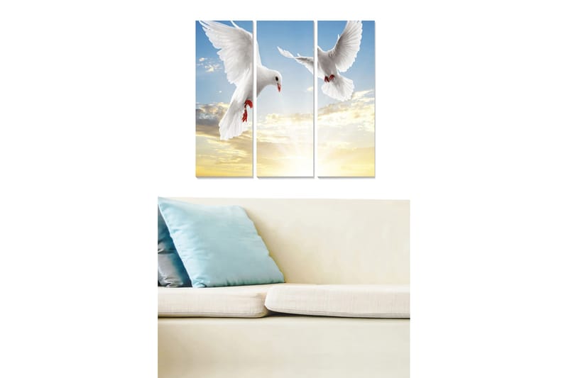 Trelerretsbilde 3-delt 50x70 cm - To hvite duer i flukt mot en lys himmel, Hvit / Blå / Gul