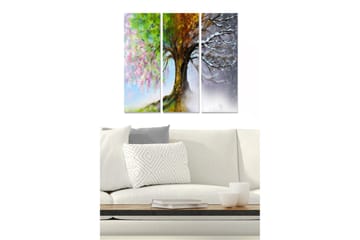 Trelerretsbilde 3-delt 50x70 cm - Trær i forskjellige årstider med blomstrende og bladløse grener - Grønn / Rosa / Brun - Interiør - Maleri & posters - Lerretsbilder