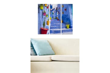 Trelerretsbilde 3-delt 50x70 cm - Trapper i en blå by med fargerike potter - Blå / Rød / Grønn - Interiør - Maleri & posters - Lerretsbilder