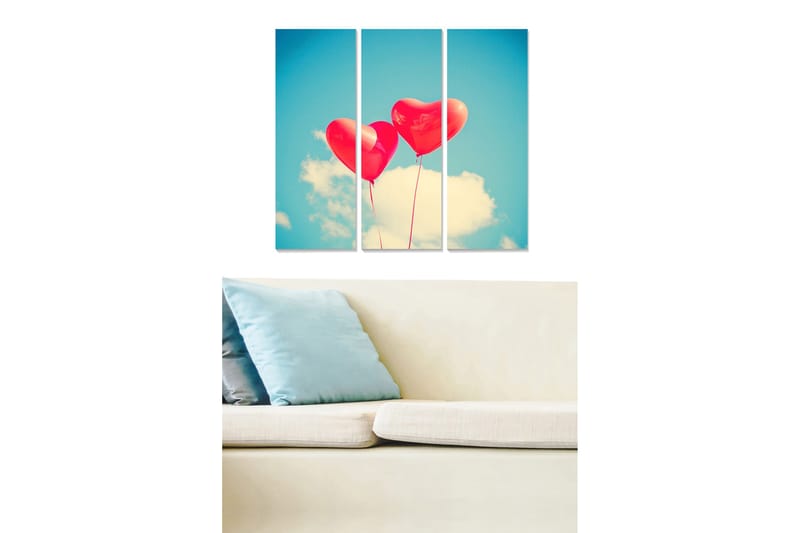 Trelerretsbilde 3-delt 50x70 cm - Tre røde hjerteformede ballonger mot en klar blå himmel, Rød / Blå